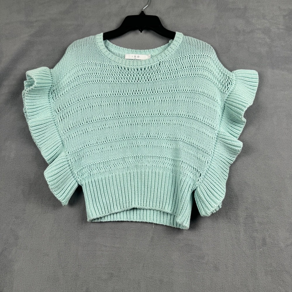 IRO Paris Ouzna Mint Green Ruffle Cap Sleeve Open Knit Crochet Sweater Small